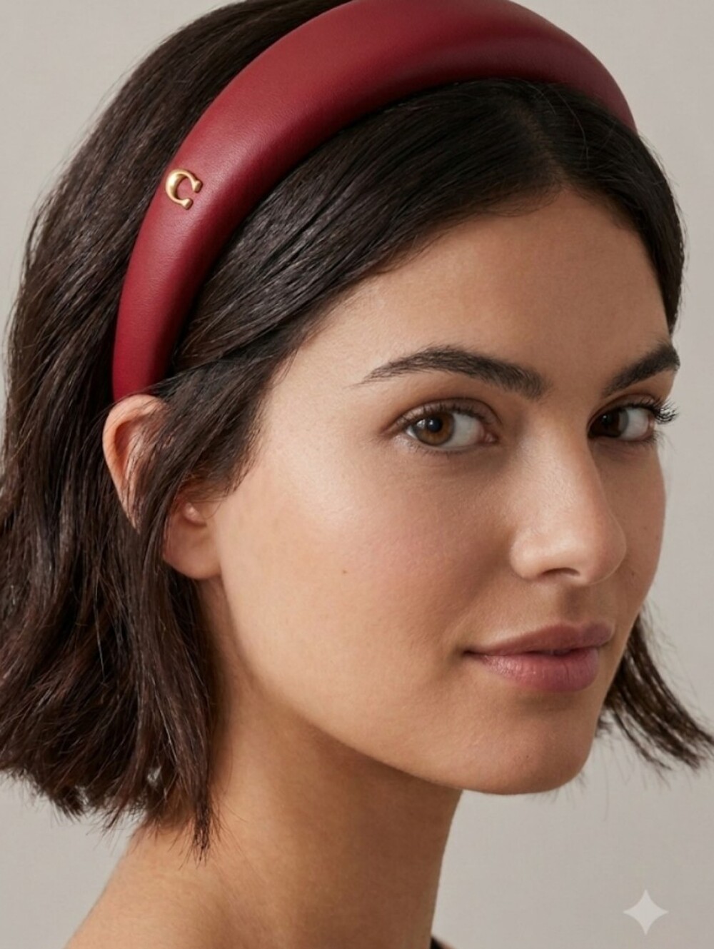 Coach Red Padded Sheepskin Leather Headband Gold C Charm CM042